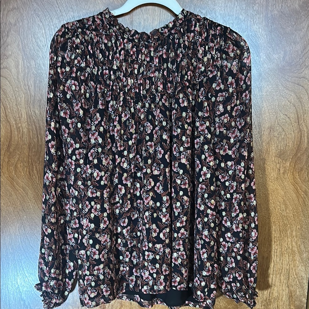 LOFT Black and Red Smocked Long Sleeve Blouse